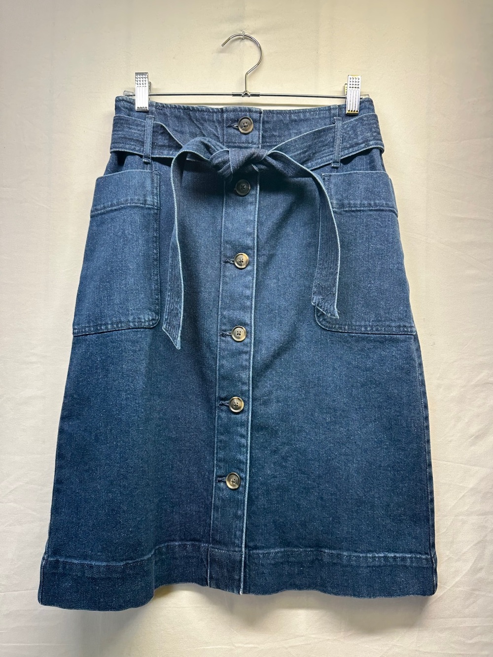 LOFT Button-Front Denim Midi Skirt in Dark Blue with Tie Waist